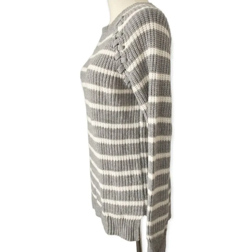 SO Fisherman Sweater M Striped Chunky Lace Up Shoulder Cozy Gray‎ White Relaxed